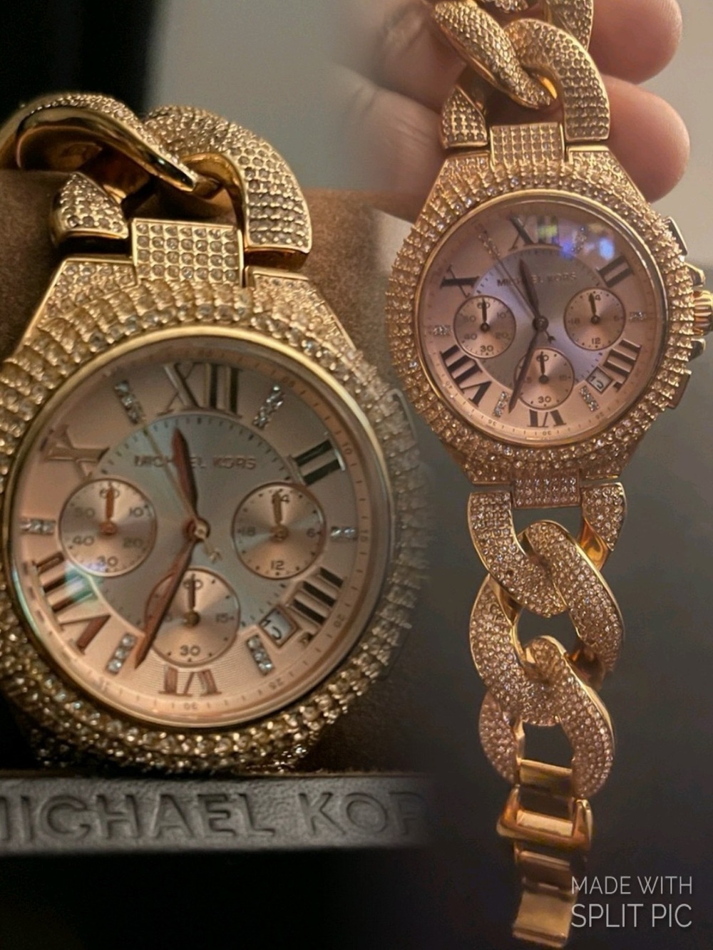 Michael Kors Women’s Rose Gold Crystal Pavé Chronograph Watch EUC MK3196 44MM